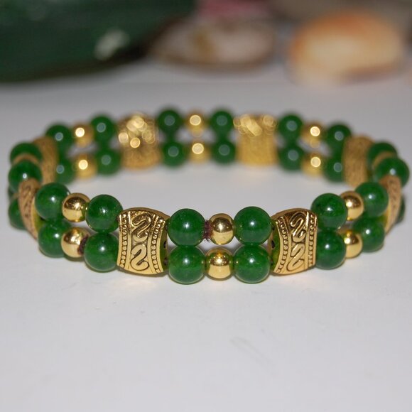 Jade Bracelet,Double Beaded Bracelet,Green and Gold Bracelet - Picture 1 of 3